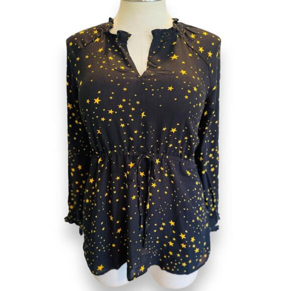 Torrid 3 (3X 22/24) Black/Yellow STARS Crepe‎ Tie Waist Babydoll Peasant Top New
